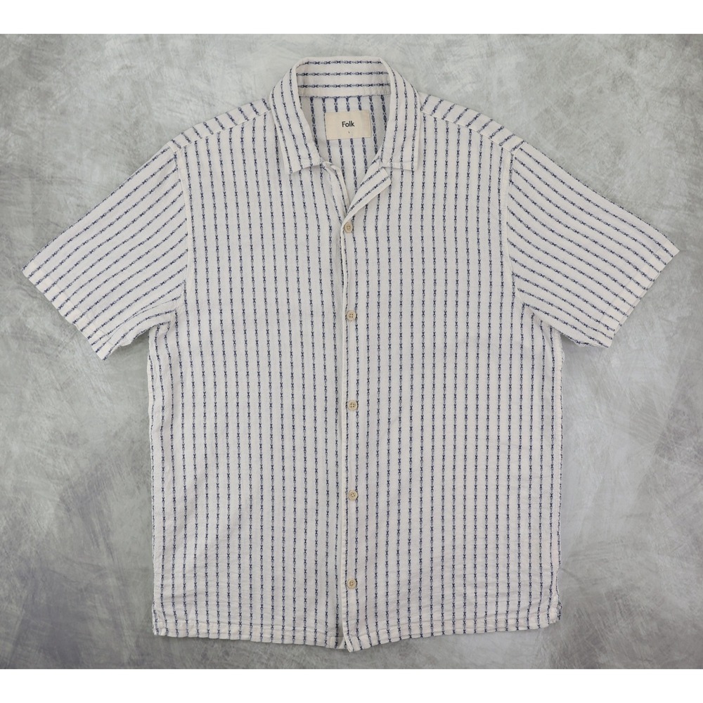 Folk Men's Soft Collar Striped Shirt L Large Cotton Linen Short Sleeve Camp Ecru